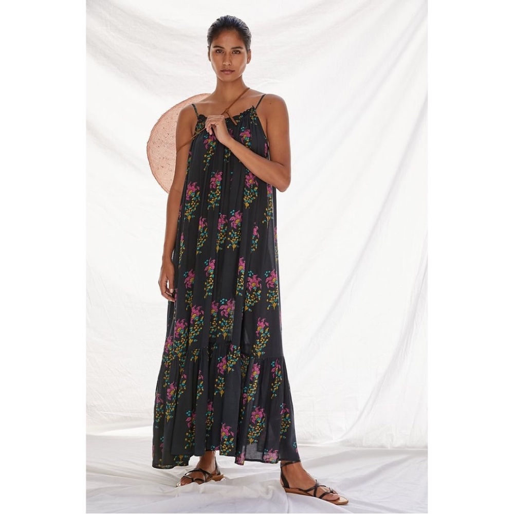 SOLD Anthropologie Flounced Maxi Lounge Dress Black Motif Floral - Picture 2 of 15